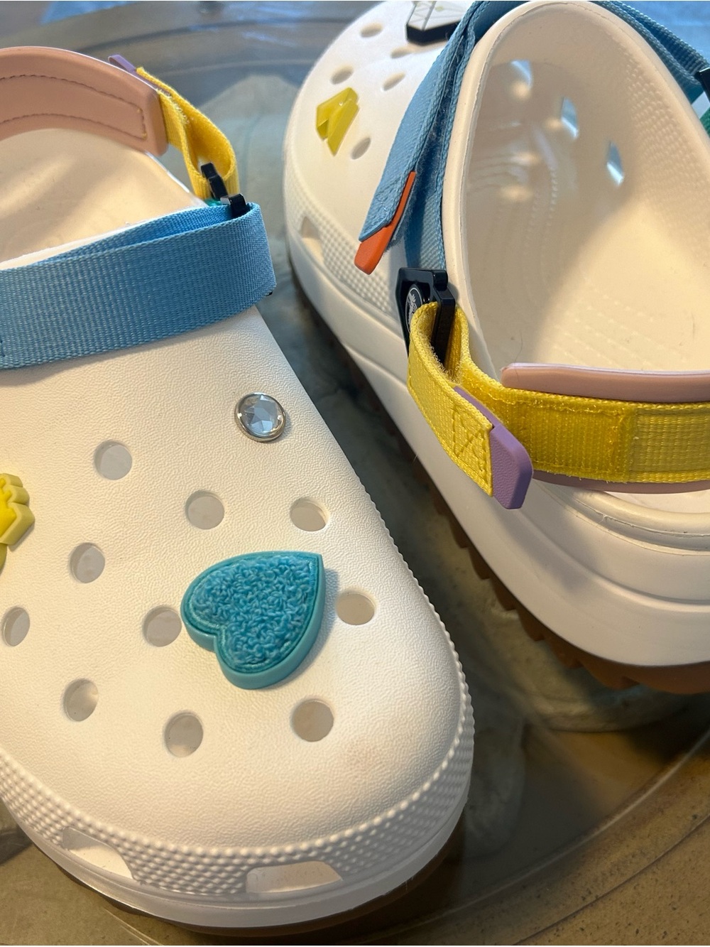 Women White Clog Sandals with Blue, Yellow and Pink Straps